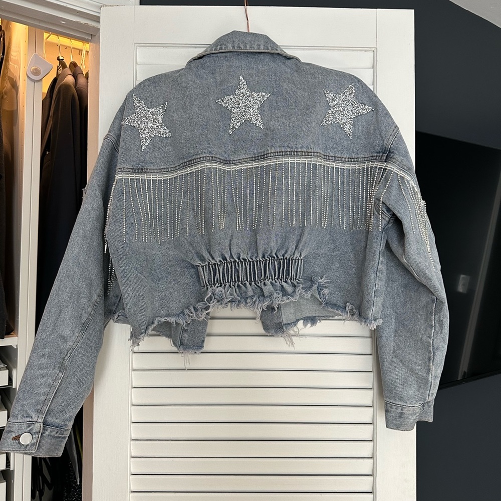 Rhinestone Cropped Jean Jacket - image 1